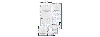 A floor plan of a house with two bedrooms, a living area, and a dining area.