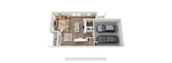 A top-down view of a modern house interior with a living room, dining area, kitchen, and two bedrooms.
