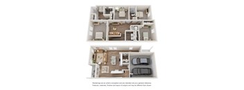 A floor plan of a two-story house with a garage.