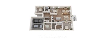 A floor plan of a house with two bedrooms, two bathrooms, a living room, a kitchen, and a garage.