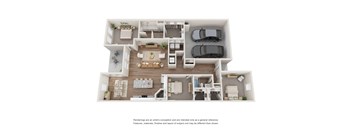 A floor plan of a house with a living room, dining room, kitchen, and two bedrooms.