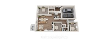 A floor plan of a house with a living room, dining room, kitchen, and two bedrooms.