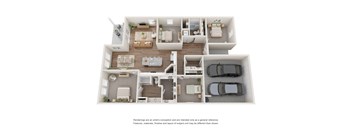 A 3D rendered image of a modern house layout.