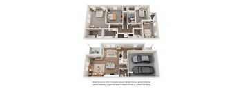 A floor plan of a two-story house with a garage and a living room with a couch and a coffee table.