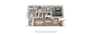 A 3D rendered image of a house layout with a kitchen, living room, dining area, and two bedrooms.