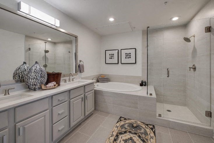 a bathroom with a tub and a sink and a mirror