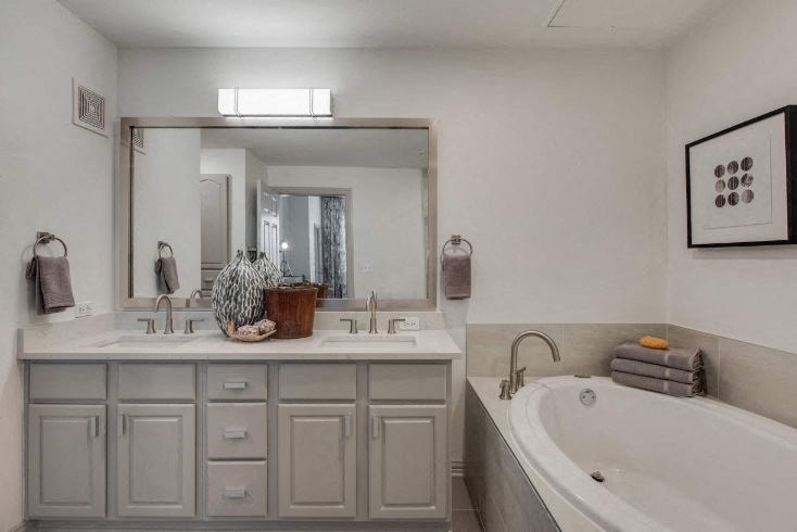 a bathroom with a tub and a sink and a mirror