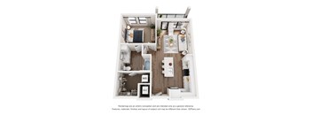 A 3D floor plan of a small apartment with a kitchen, living room, and bathroom.