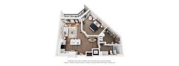 A 3D floor plan of a house with a kitchen, living room, and bedrooms.