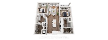A 3D floor plan of a house with a kitchen, living room, and two bedrooms.