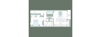 A floor plan of a house showing a bedroom, living room, dining room, kitchen, and bathroom.