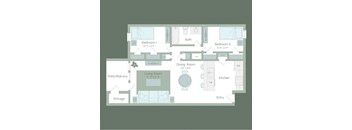 A floor plan of a house with two bedrooms, a living room, a dining room, a kitchen, a patio, and storage.