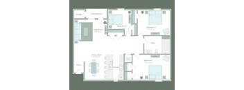 A floor plan of a house with three bedrooms, a living room, a dining room, a kitchen, a bathroom, and a storage area.