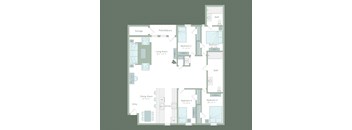 A floor plan of a house with a living room, dining room, kitchen, and four bedrooms.