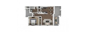 A floor plan of a house with a kitchen, living room, and two bedrooms.