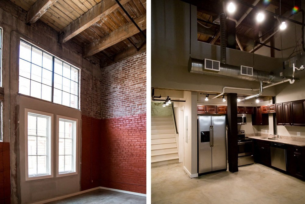 a kitchen and living room in a loft apartment