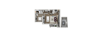 A top down view of a house layout with a garage.