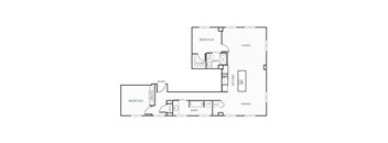 A floor plan of a house with a living room, two bedrooms, a kitchen, a dining room, and a bathroom.