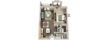 A 3D floor plan of a small apartment with a living room, kitchen, and bedroom.