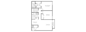 A floor plan of a house with a master bedroom, two bathrooms, a kitchen, a dining area, an entry, a living area, and a laundry room.