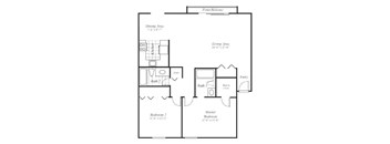 A floor plan of a two-bedroom apartment with a living area, dining area, and bathrooms.