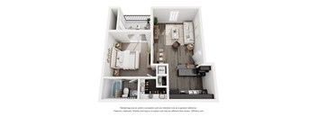 a 1 bedroom floorplan is shown with a kitchen and living room