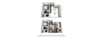 a stylized floor plan of a 1 bedroom floor plan with an open to bedroom