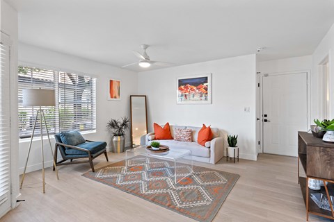 a living room with a couch and a chair and a rug