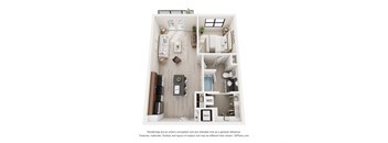 A 3D floor plan of a small apartment with a kitchen, living room, and bathroom.