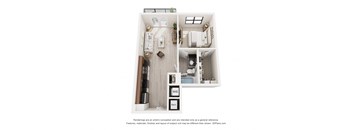A 3D floor plan of a small apartment with a kitchen, living room, and bathroom.