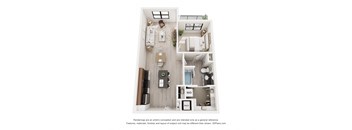 A 3D floor plan of a small apartment with a kitchen, living room, and bathroom.
