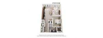 A 3D floor plan of a small apartment with a kitchen, living room, and bathroom.