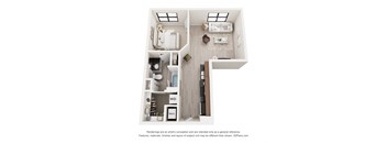 A 3D floor plan of a small apartment with a kitchen, living room, and bathroom.