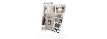 A 3D floor plan of a small apartment with a kitchen, living room, and bathroom.