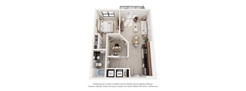 A 3D floor plan of a small apartment with a kitchen, living room, and bathroom.
