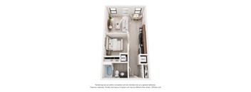 A 3D floor plan of a small apartment with a kitchen, living room, and bathroom.