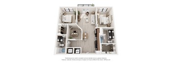 A 3D floor plan of a house with labeled rooms.