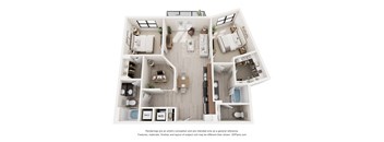 A 3D floor plan of a house with labeled rooms.