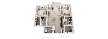 A 3D floor plan of a house with a kitchen, living room, and two bedrooms.