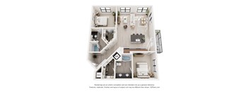 A 3D floor plan of a house with labeled rooms.