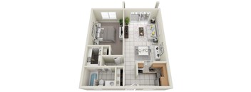 A top down view of a small apartment with a living room, kitchen, and bathroom.
