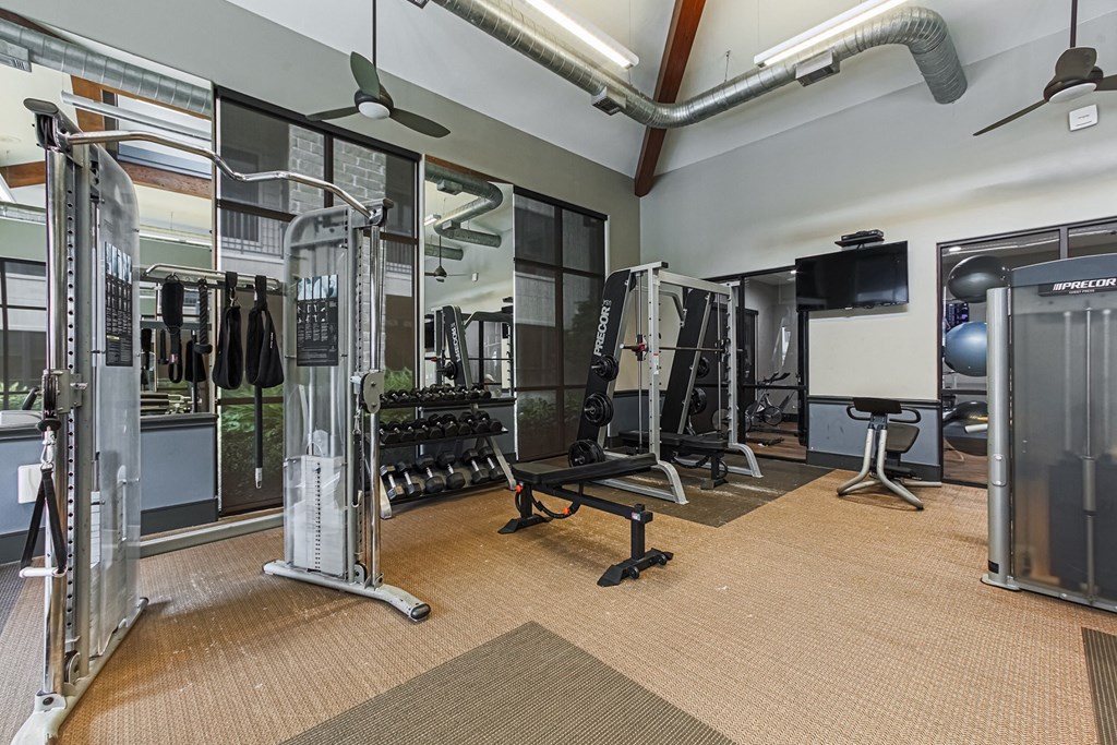 a gym with weights and cardio equipment and a tv