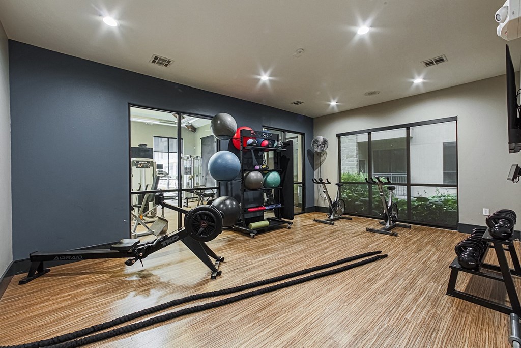 Gym with row machine and ropes