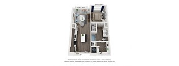 A 3D floor plan of a small apartment with a kitchen, living room, and bathroom.