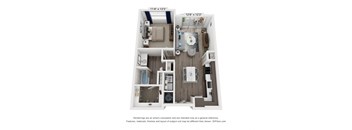 A 3D floor plan of a small apartment with a kitchen, living room, and bathroom.