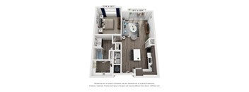 A 3D floor plan of a small apartment with a kitchen, living room, and bathroom.