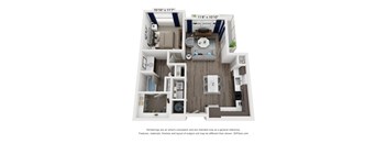 A 3D floor plan of a small apartment with a kitchen, living room, and bathroom.