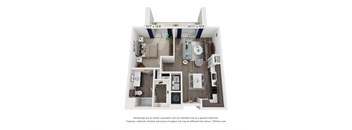 A 3D floor plan of a small apartment with a kitchen, living room, and bathroom.