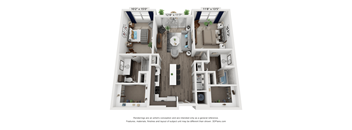 A floor plan of a small apartment with a living room, kitchen, and two bedrooms.