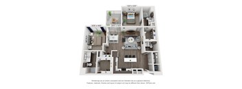 A 3D floor plan of a house with three bedrooms, two bathrooms, a living room, a kitchen, and a dining room.
